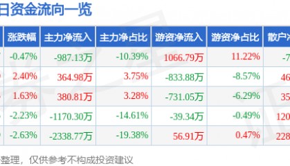 股票行情快报：海德股份（000567）9月8日主力资金净卖出987.13万元