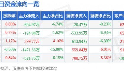 股票行情快报：滨海能源（000695）8月21日主力资金净卖出604.97万元
