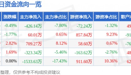 股票行情快报：恒大高新（002591）9月11日主力资金净卖出426.14万元