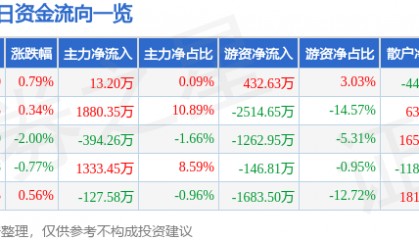 股票行情快报：中材国际（600970）9月17日主力资金净买入13.20万元