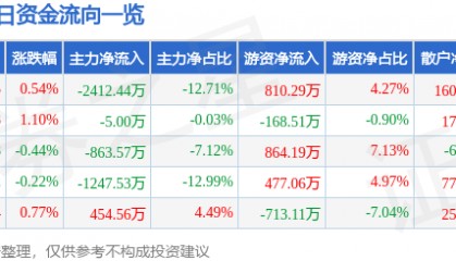 股票行情快报：中材国际（600970）8月11日主力资金净卖出2412.44万元