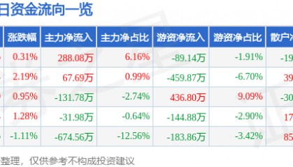 股票行情快报：恒大高新（002591）8月6日主力资金净买入288.08万元