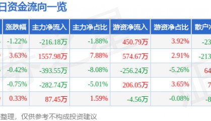股票行情快报：滨海能源（000695）8月12日主力资金净卖出216.18万元