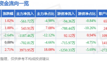 股票行情快报：大东方（600327）6月4日主力资金净卖出561.72万元