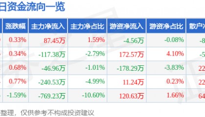 股票行情快报：滨海能源（000695）8月6日主力资金净买入87.45万元