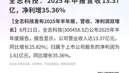 全志科技：2025年中报营收13.37亿，净利增35.36%