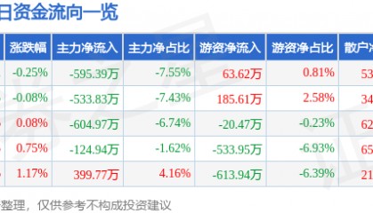 股票行情快报：滨海能源（000695）8月25日主力资金净卖出595.39万元