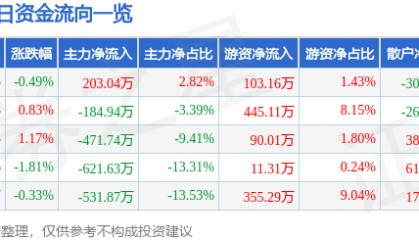 股票行情快报：恒大高新（002591）7月9日主力资金净买入203.04万元