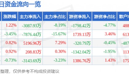 股票行情快报：佳讯飞鸿（300213）8月22日主力资金净卖出3087.93万元