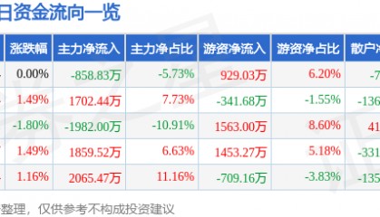 股票行情快报：佳讯飞鸿（300213）7月17日主力资金净卖出858.83万元