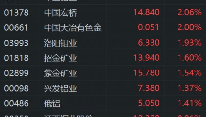 有色金属股普涨 中国铝业、中国宏桥涨超2%