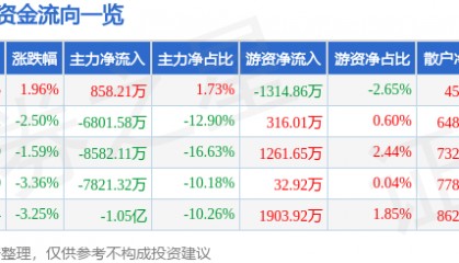 股票行情快报：二六三（002467）4月29日主力资金净买入858.21万元