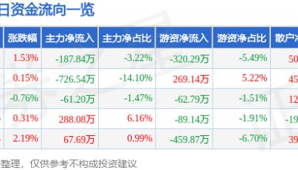 股票行情快报：恒大高新（002591）8月11日主力资金净卖出187.84万元