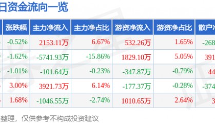 股票行情快报：佳讯飞鸿（300213）8月12日主力资金净买入2153.11万元