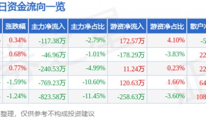 股票行情快报：滨海能源（000695）8月5日主力资金净卖出117.38万元