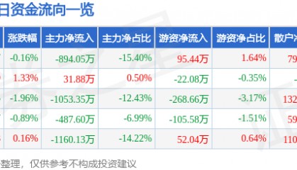 股票行情快报：滨海能源（000695）7月25日主力资金净卖出894.05万元