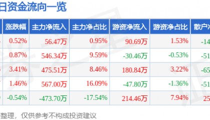 股票行情快报：广东明珠（600382）8月13日主力资金净买入56.47万元