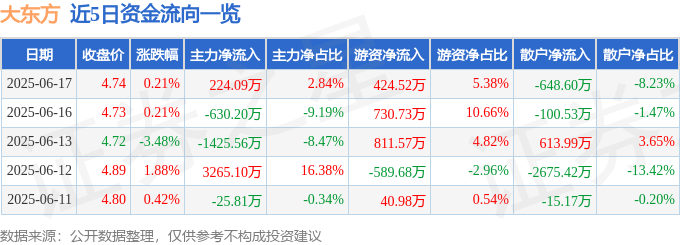 股票行情快报：大东方（600327）6月17日主力资金净买入224.09万元