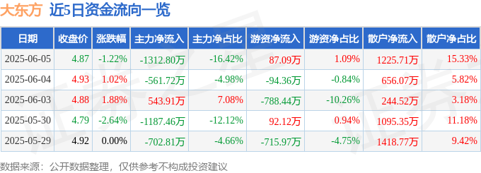 股票行情快报：大东方（600327）6月5日主力资金净卖出1312.80万元