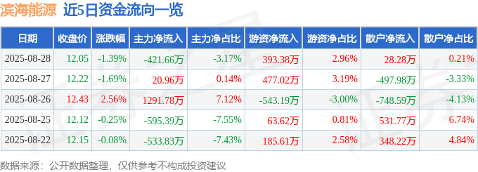 股票行情快报:滨海能源(000695)8月28日主力资金净卖出421.66万元