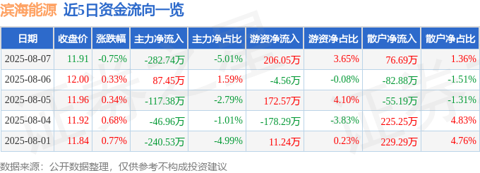 股票行情快报：滨海能源（000695）8月7日主力资金净卖出282.74万元