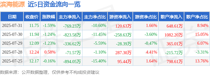 股票行情快报：滨海能源（000695）7月31日主力资金净卖出769.23万元