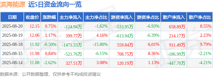 股票行情快报：滨海能源（000695）8月20日主力资金净卖出124.94万元