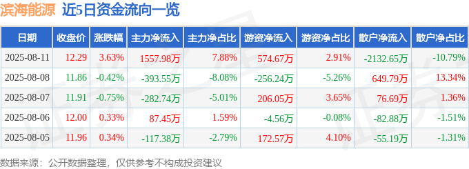 股票行情快报：滨海能源（000695）8月11日主力资金净买入1557.98万元