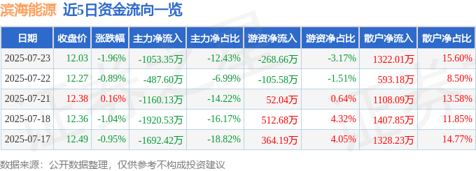 股票行情快报：滨海能源（000695）7月23日主力资金净卖出1053.35万元
