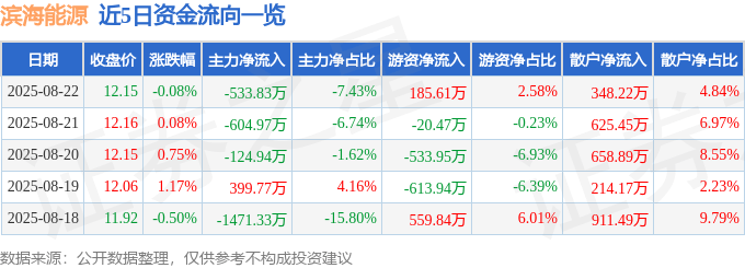 股票行情快报:滨海能源(000695)8月22日主力资金净卖出533.83万元