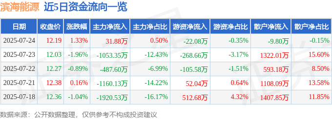 股票行情快报:滨海能源(000695)7月24日主力资金净买入31.88万元