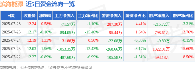 股票行情快报：滨海能源（000695）7月28日主力资金净卖出71.57万元