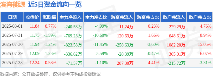 股票行情快报：滨海能源（000695）8月1日主力资金净卖出240.53万元
