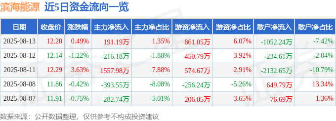 股票行情快报：滨海能源（000695）8月13日主力资金净买入191.19万元