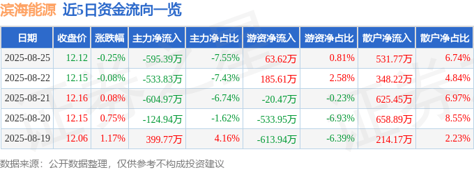 股票行情快报：滨海能源（000695）8月25日主力资金净卖出595.39万元