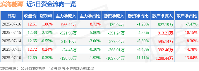 股票行情快报：滨海能源（000695）7月16日主力资金净买入966.22万元
