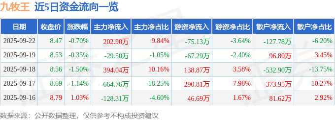 股票行情快报：九牧王（601566）9月22日主力资金净买入202.90万元
