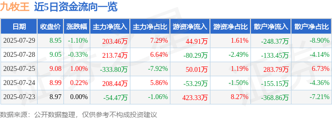 股票行情快报：九牧王（601566）7月29日主力资金净买入203.46万元